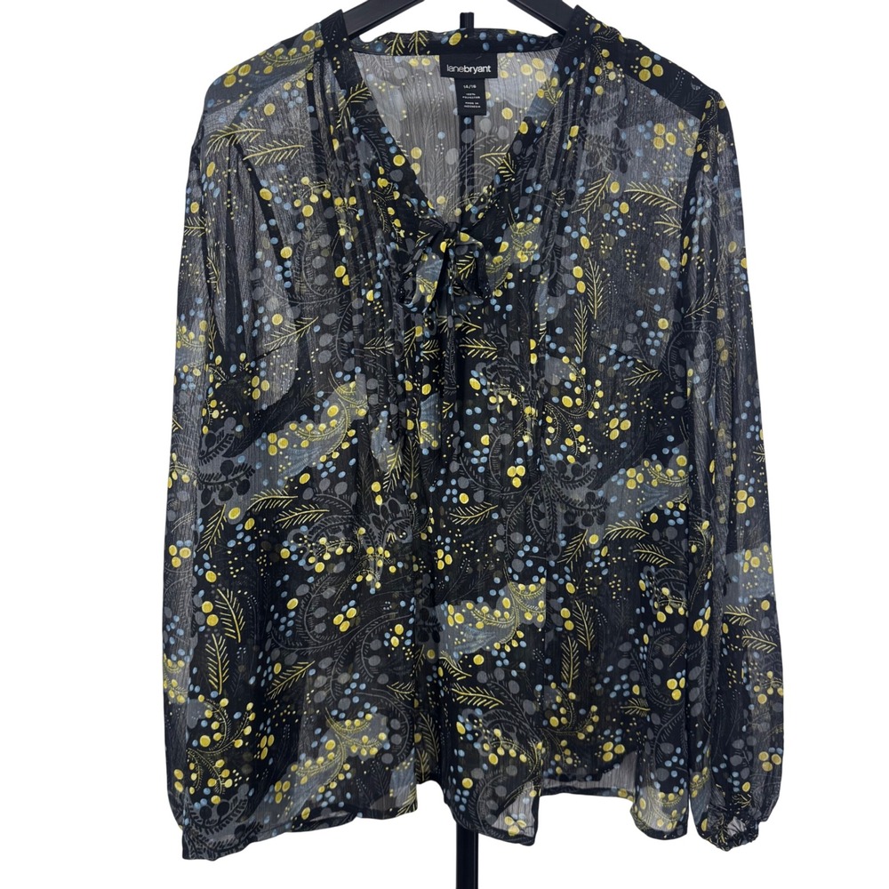Lane Bryant Sheer‎ Floral Tie Neck Blouse Top Plus Size 14/16 Long Sleeve
